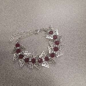 Handcrafted 8" Silver Tone Faux Red Ruby Butterfly Adjustable Bracelet